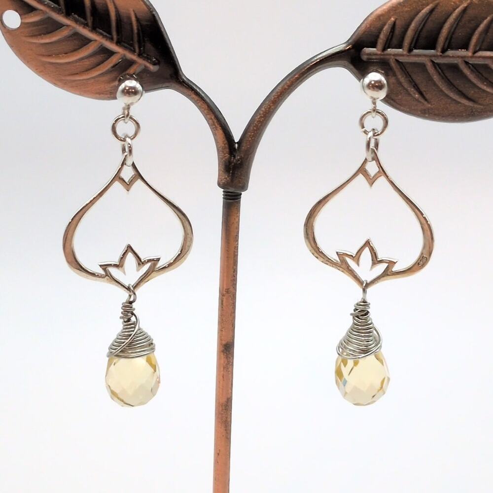 Sterling Silver 925 Dangle Drop Briolette Yellow Crystal Lotus Earrings